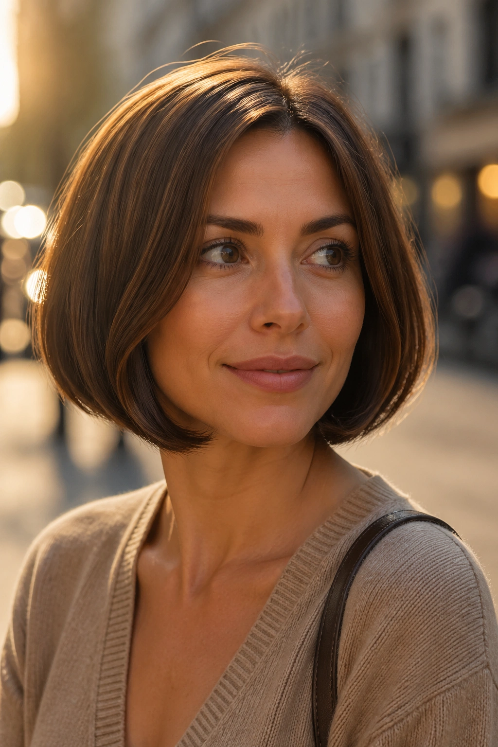 Real woman with tucked-under concave bob on city street at golden hour