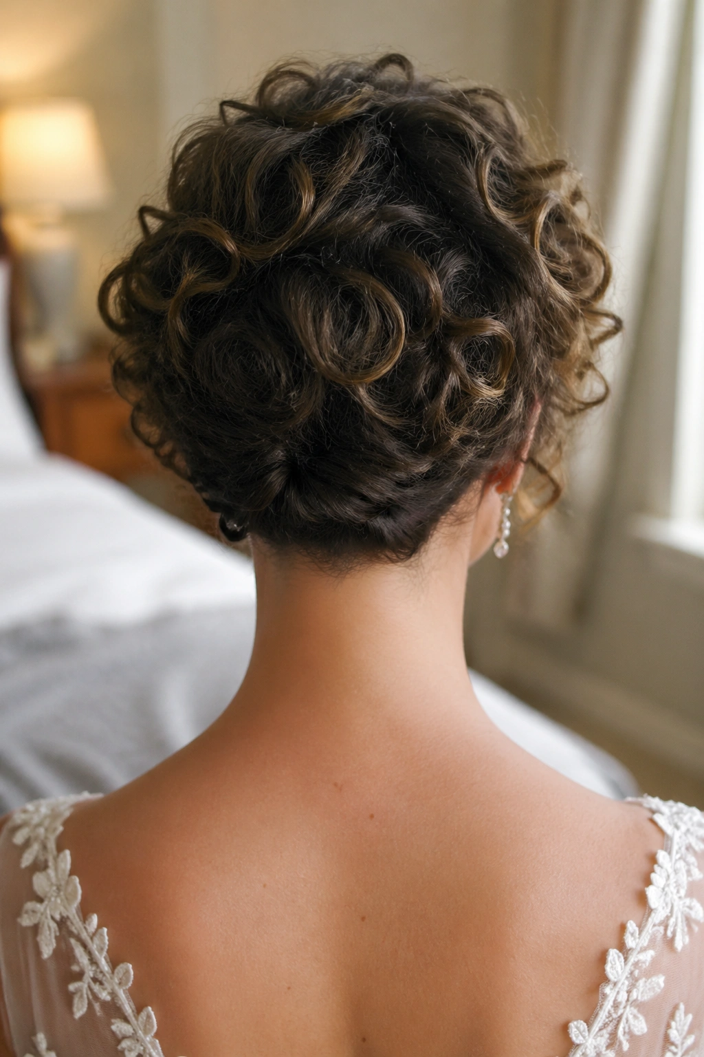 Back view of a real bride showing a tucked-under curly bob