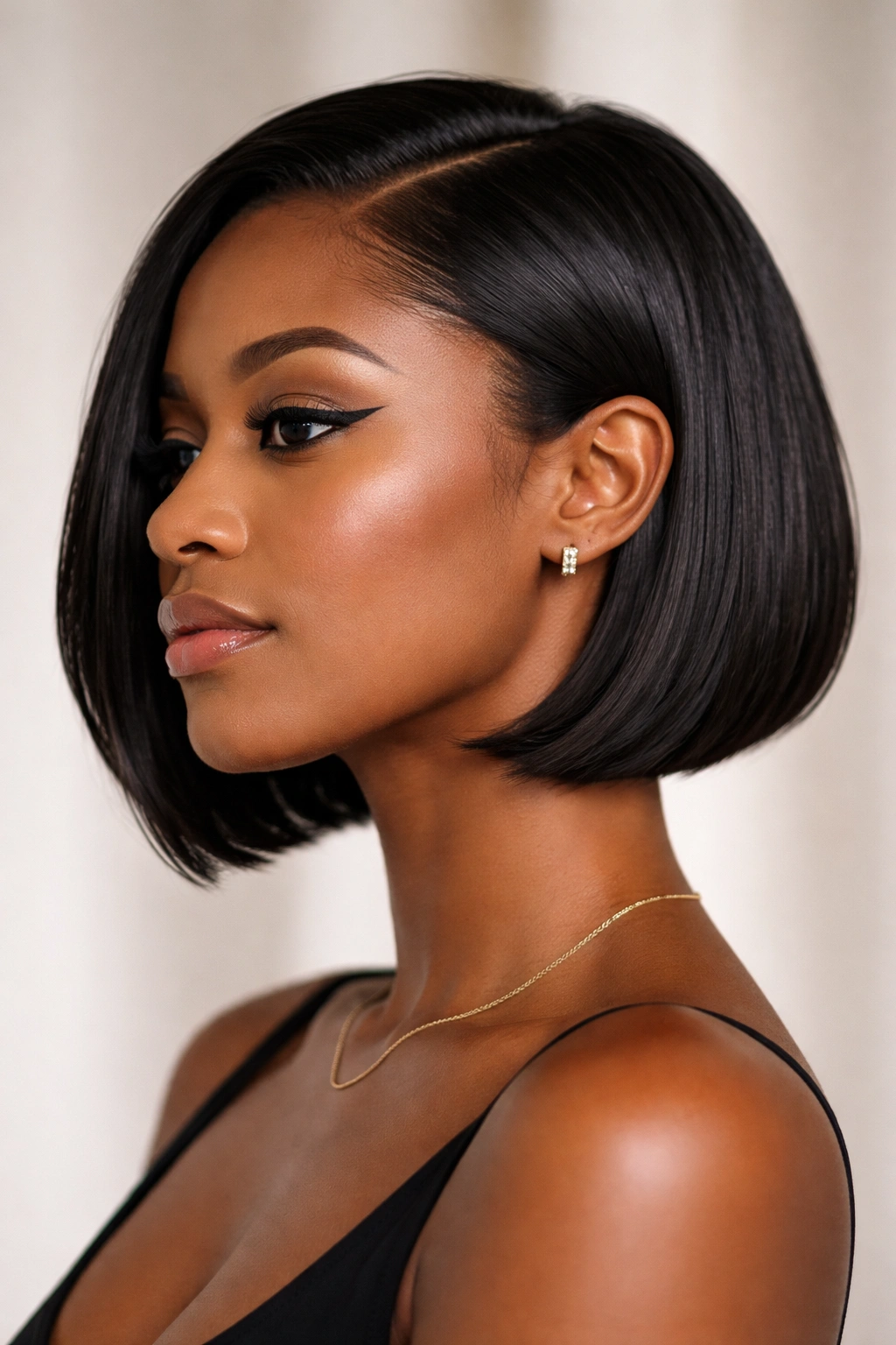 Portrait of a person with a tucked-behind-the-ear bob revealing a sharp jawline