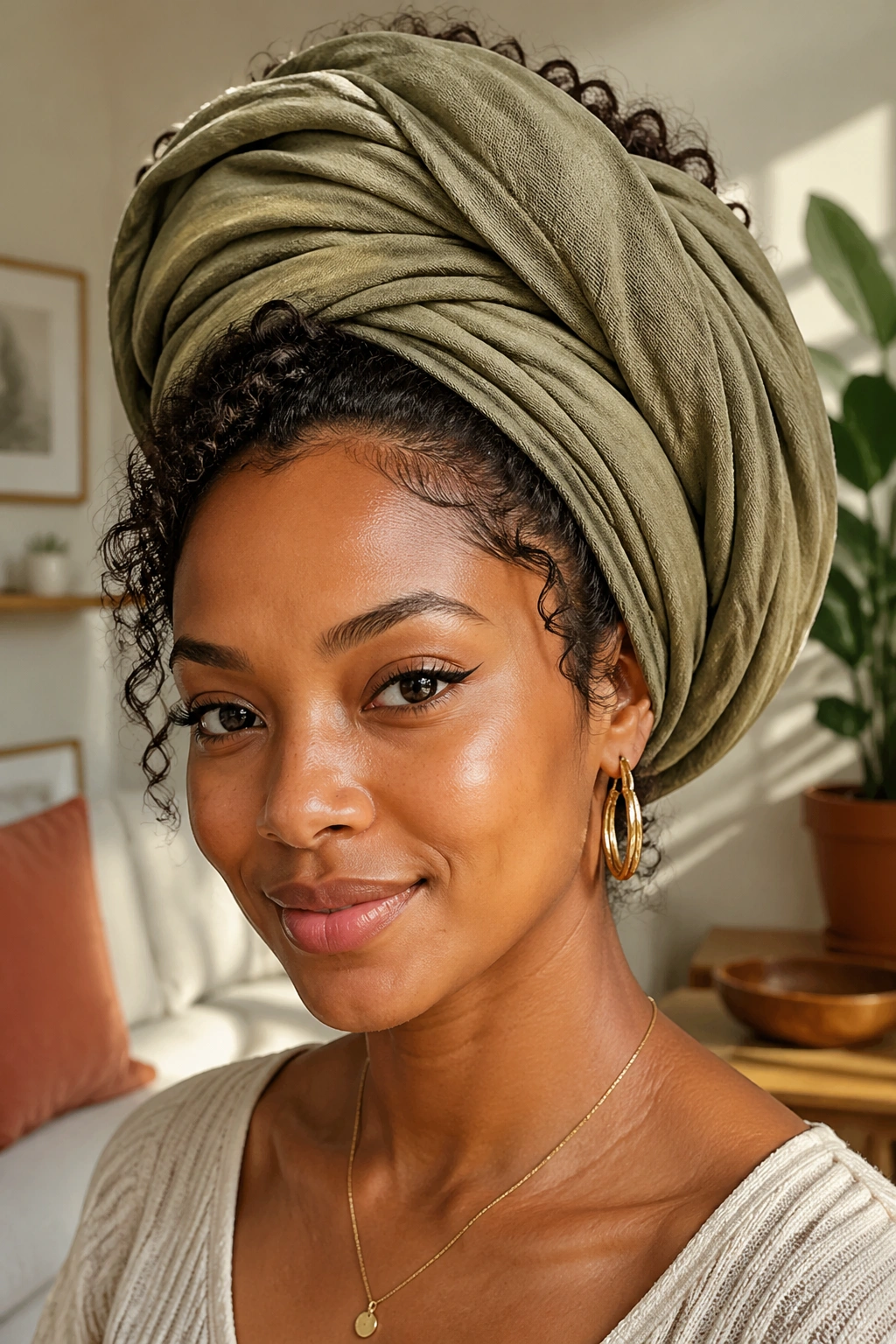 Close-up of a real person wearing a turban-style wrap with large volume curls.