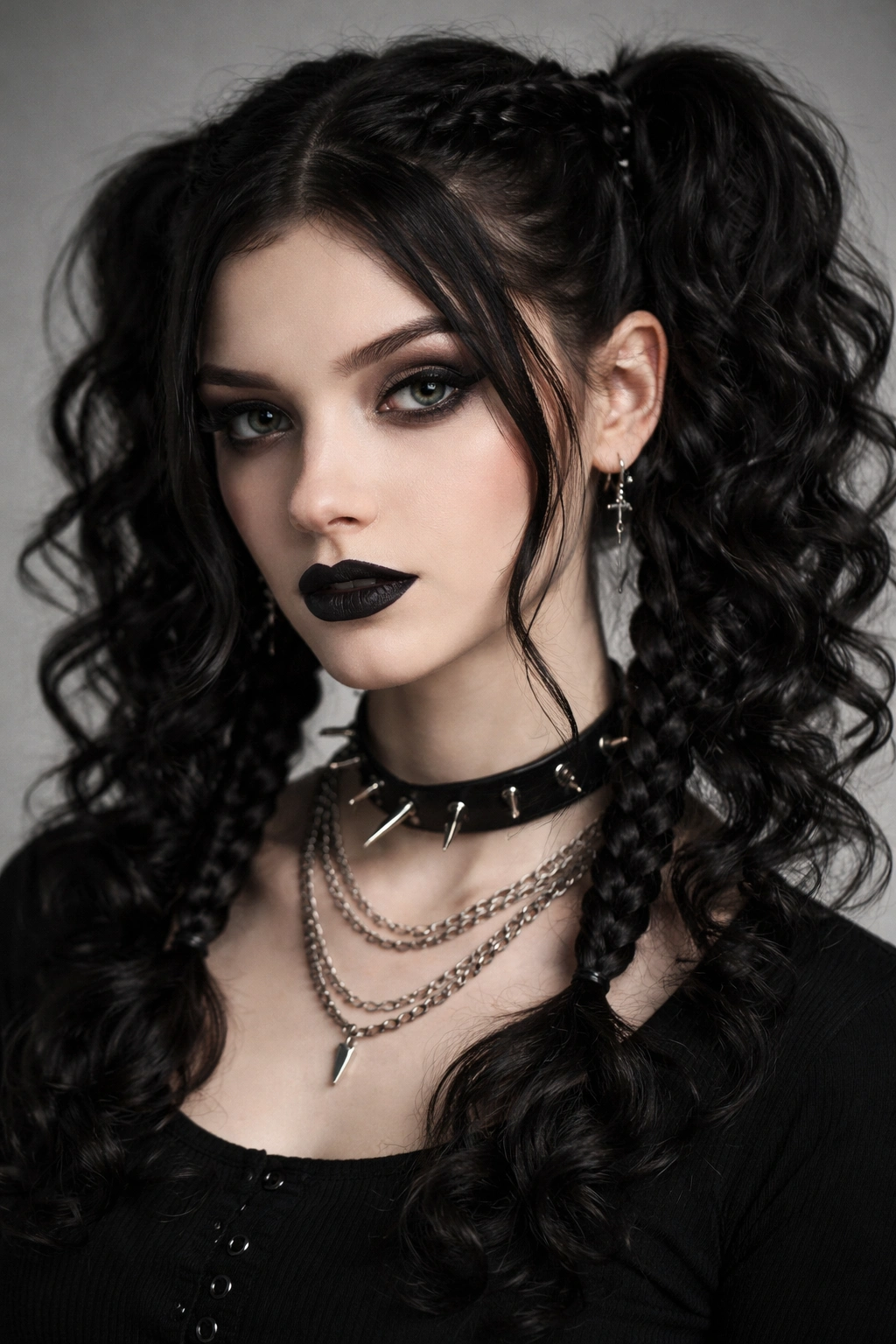 Close-up of twin braids forming curly pigtails on medium-length hair