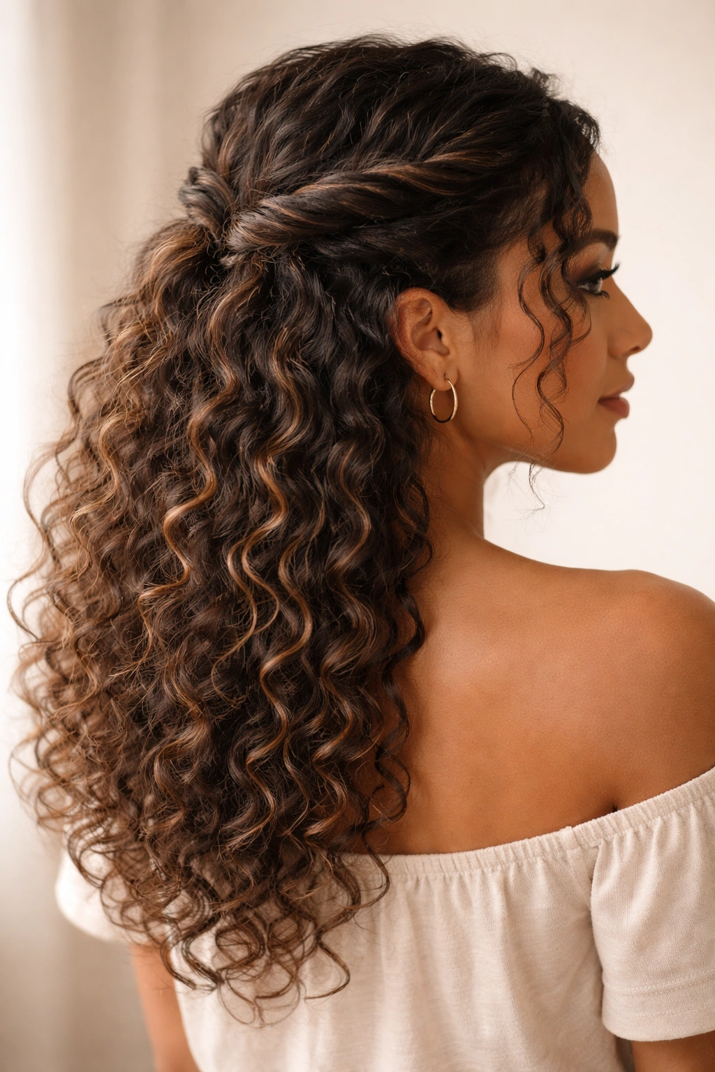 Front twists pinned at the crown forming a half-up look