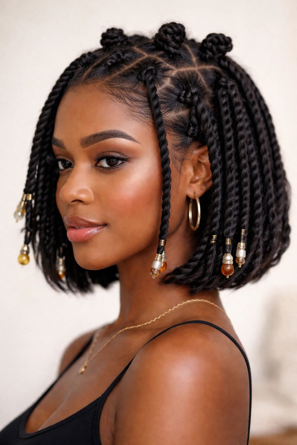 Short bob with bead-end twists and small knot pockets emphasizing texture and movement