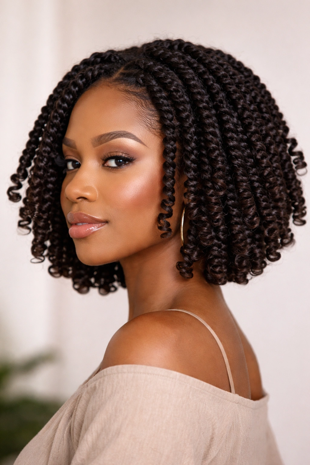 Close-up of twist-and-curl bob with coiled ends