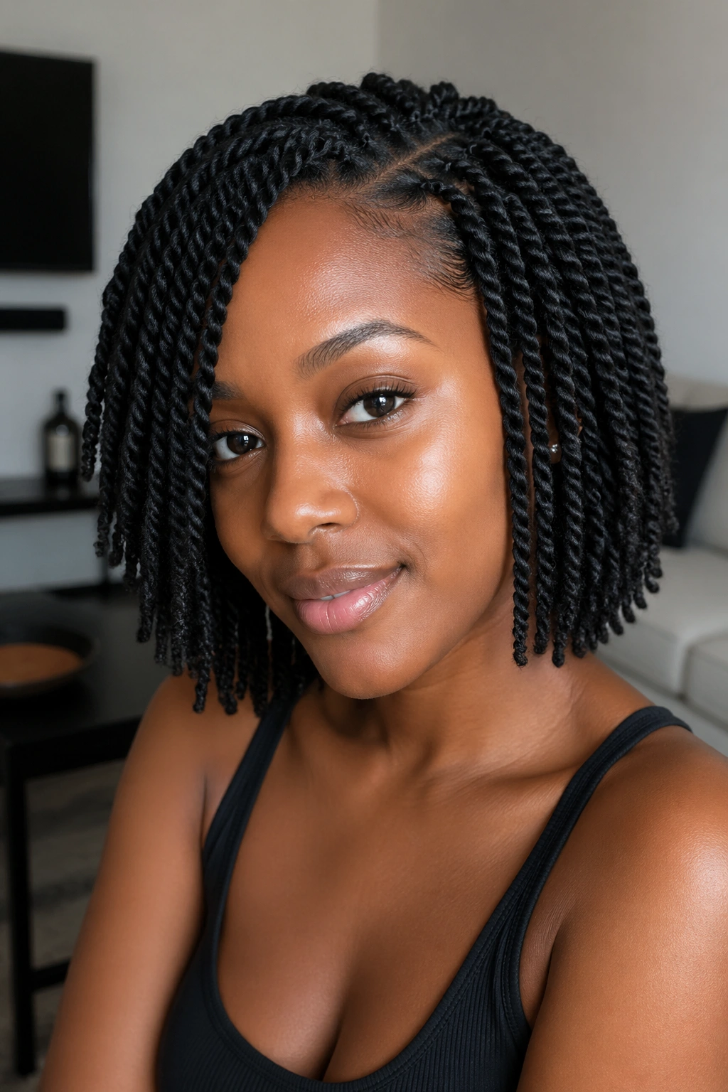 Close-up of a real woman with a twist bob and clean ends in a softly lit room