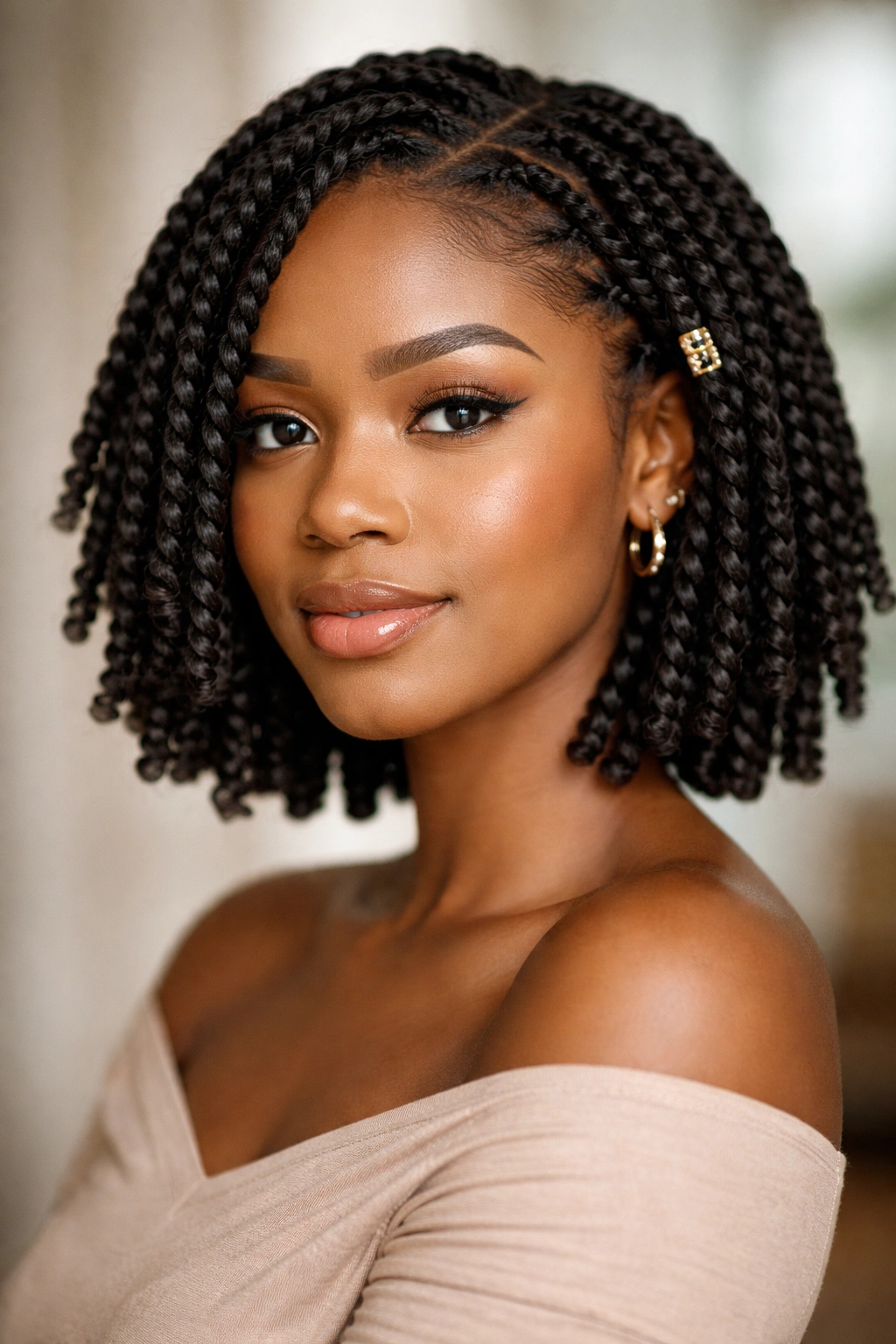 Shoulder-length twist bob hairstyle with even twists and clean ends