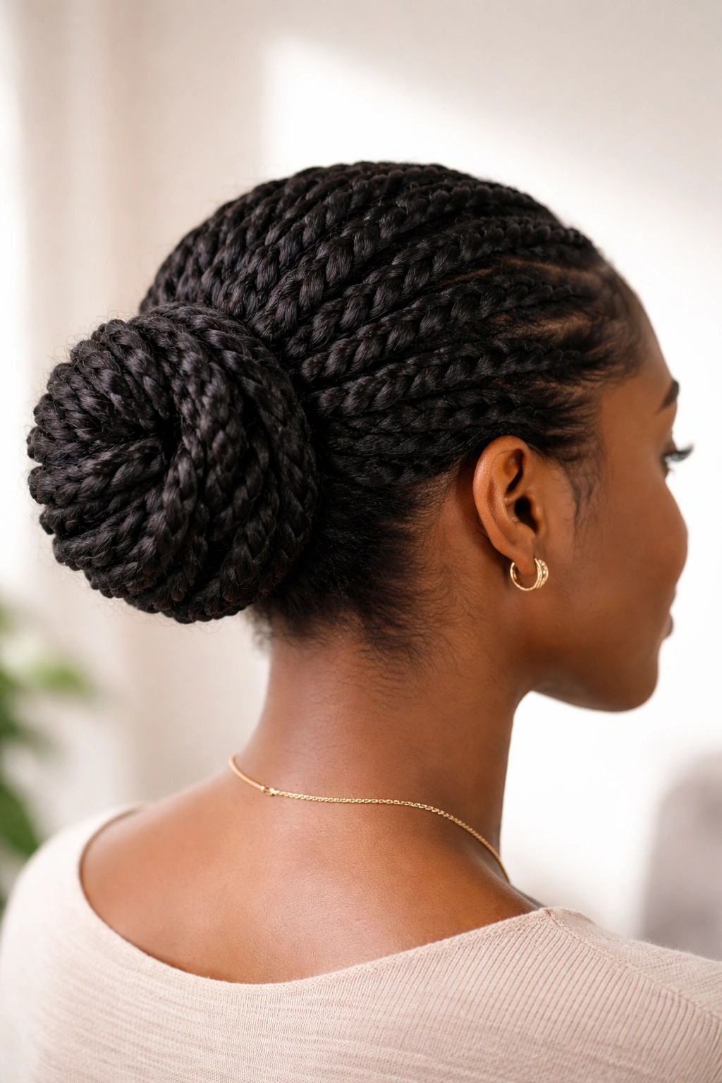 Close-up of a natural twist bun at the back of the head with defined twists