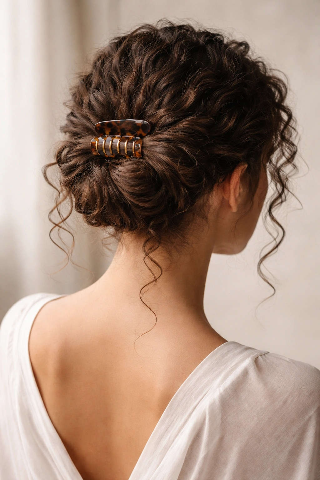 Back view of curly hairstyle with twist-and-tuck chignon secured by a clip and two loose curls at the nape