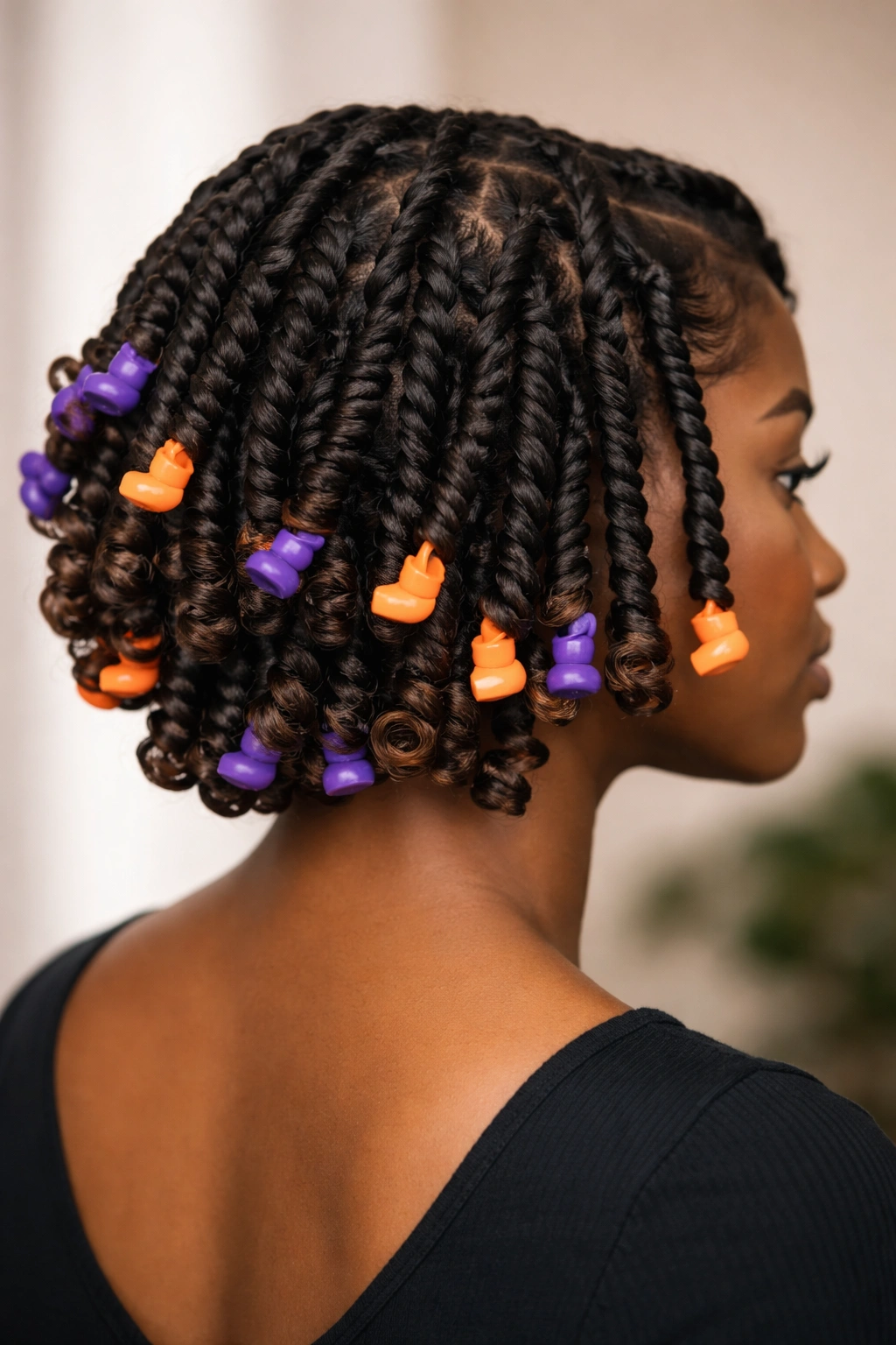 Roots twisted with ends wrapped on flexi rods forming curls