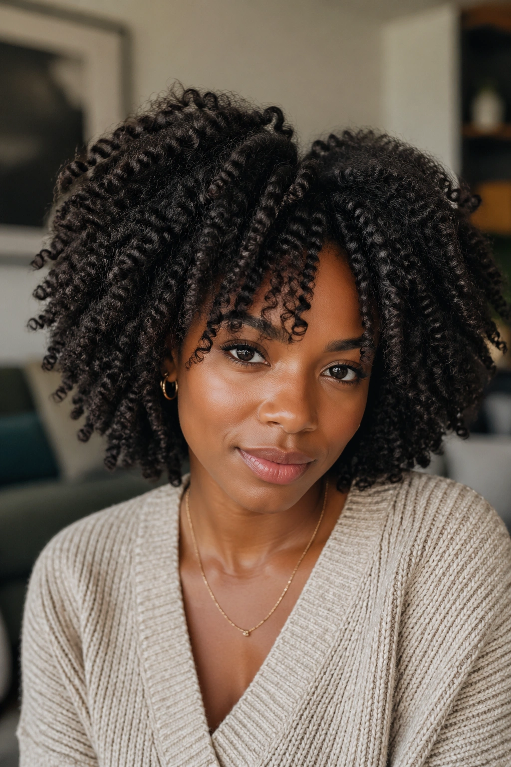 Close-up of a real woman with a twist-out showing defined coils.