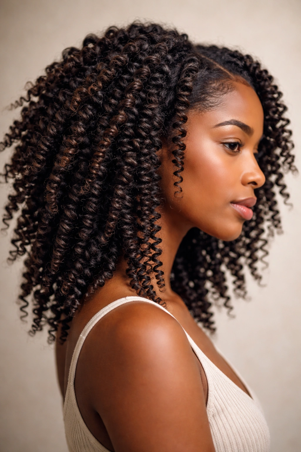 Close-up of a twist-out with defined elongated curls on afro hair