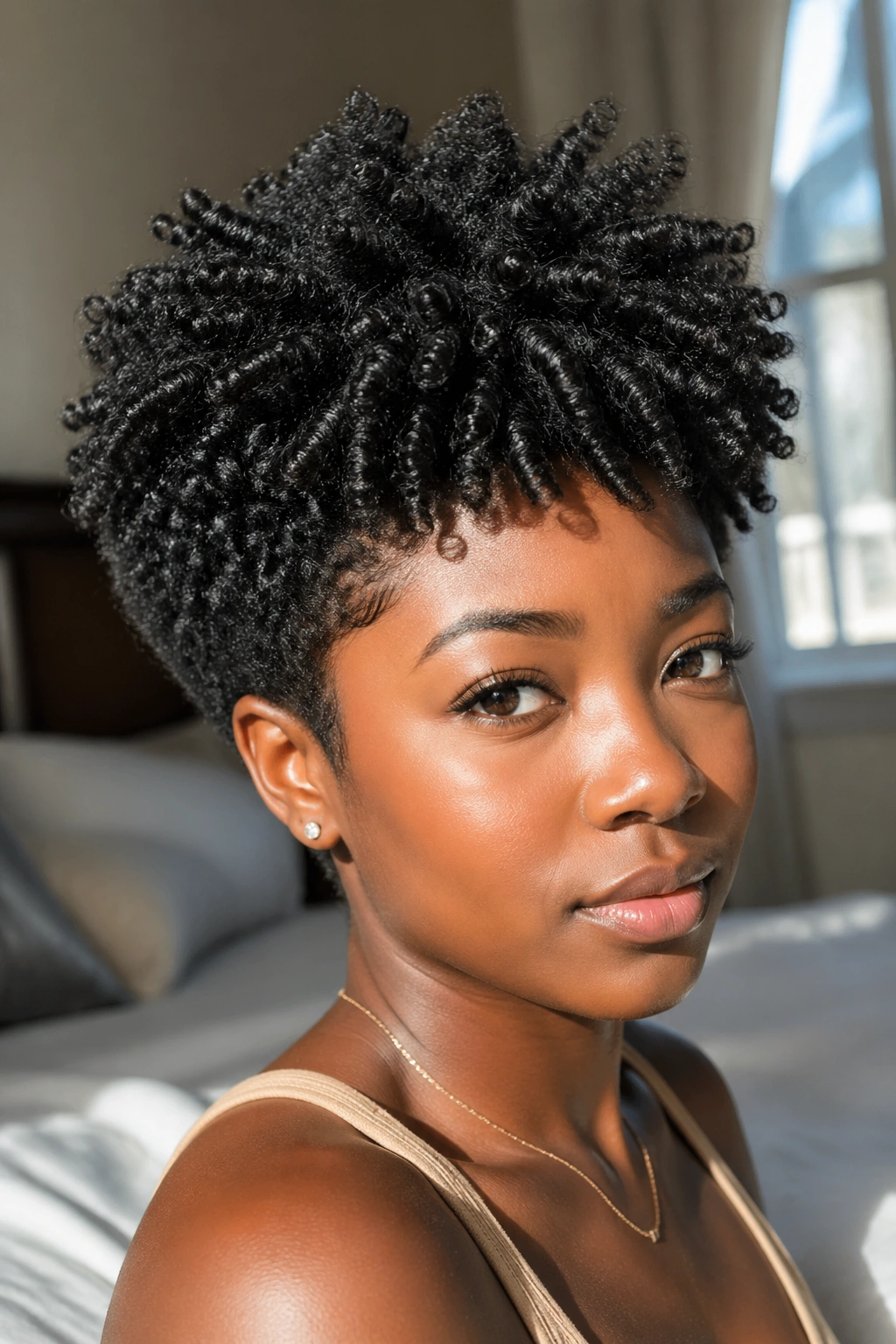 Close-up of a real woman with twist-out afro crop in warm natural light