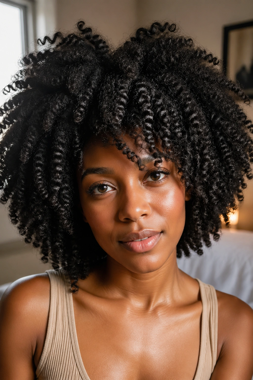 Close-up portrait of a real woman with a twist-out afro featuring defined kinky-curly texture in warm window-light.