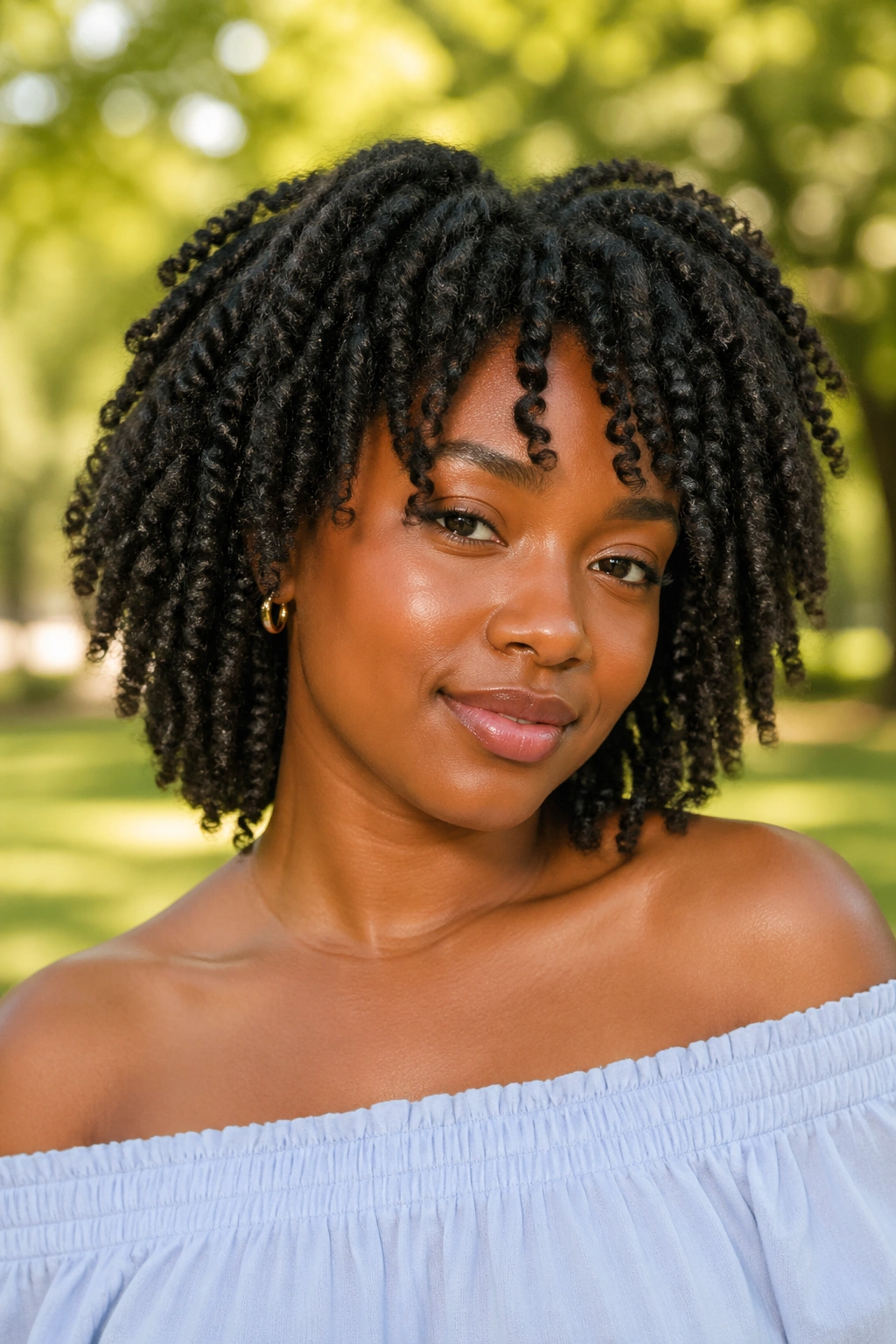 Portrait of a real Black woman wearing a twist-out Afro wig with ropey texture in a sunlit park