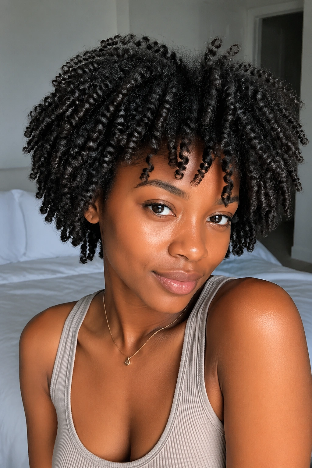 Twist-out afro close-up portrait showing twists under natural light