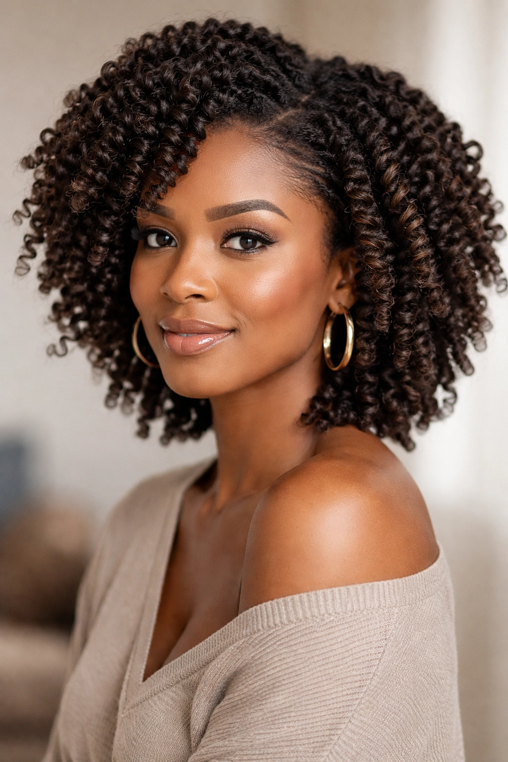 Twist-out Afro texture with defined twists and crown