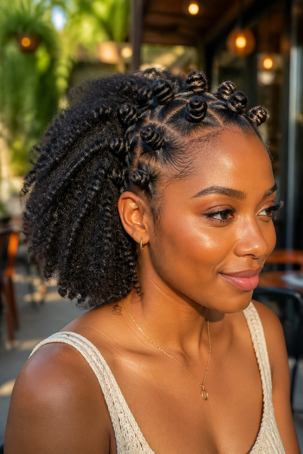 Portrait of a woman with twist-out back and knotted crown.