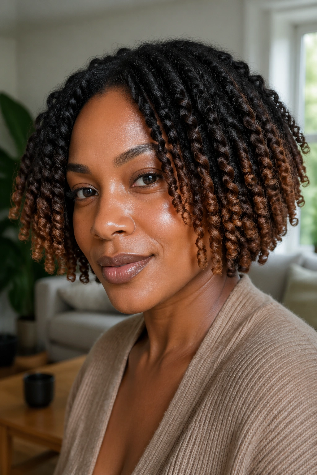 Close-up portrait of a real woman with twist-out bob and bronze ends under natural window light