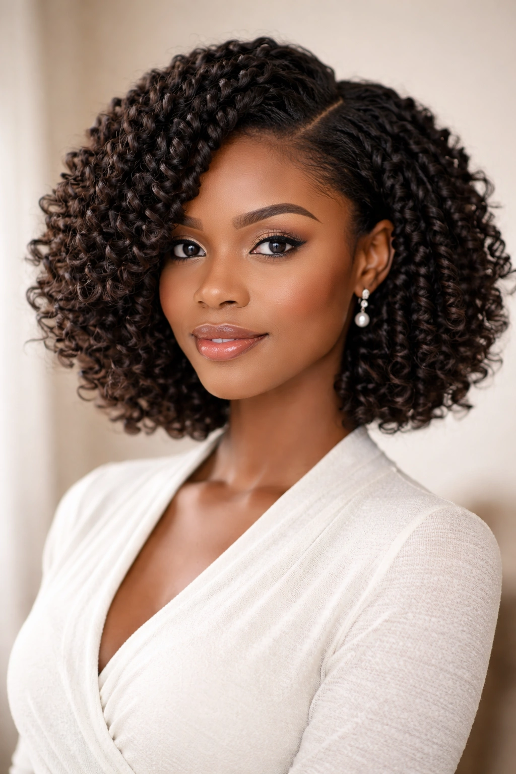 Close-up of a natural curly bob with a defined side-part twist-out