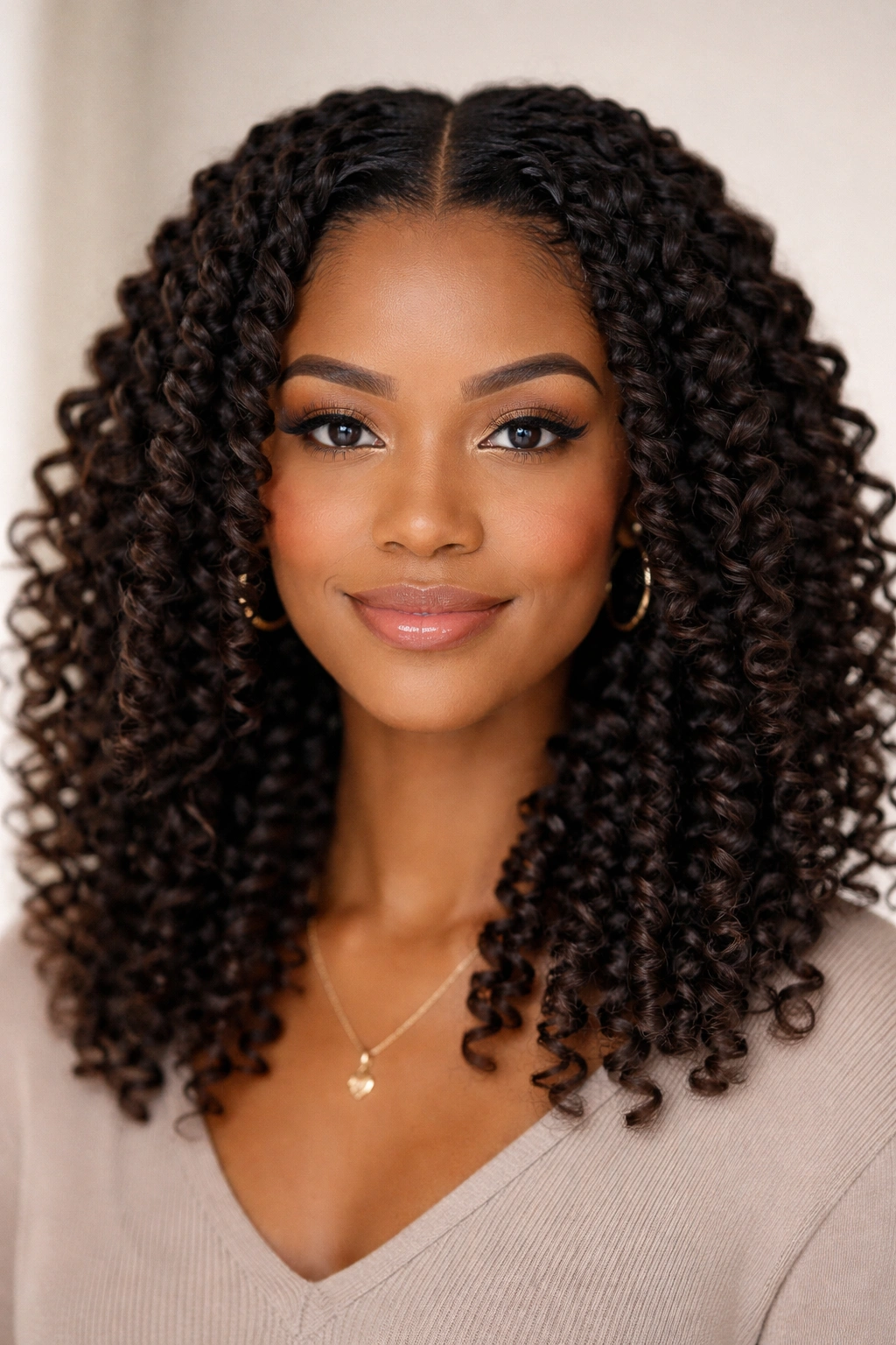 Defined two-strand twists with a center part on curly hair for a polished portrait