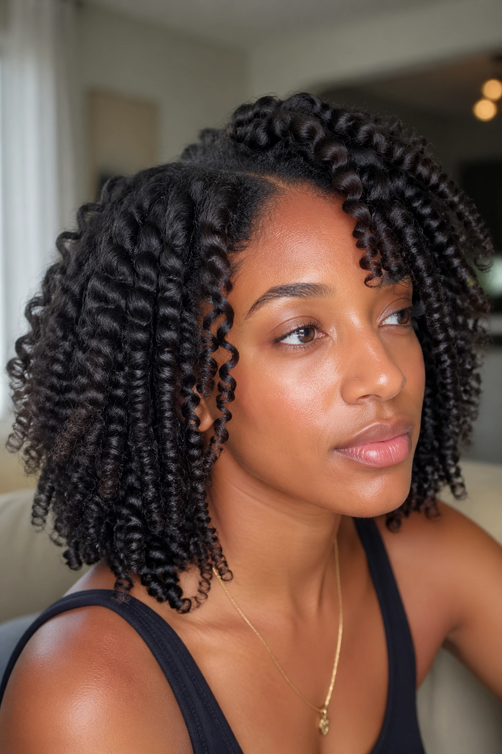Real person with defined twist-out curls in a close-up portrait.