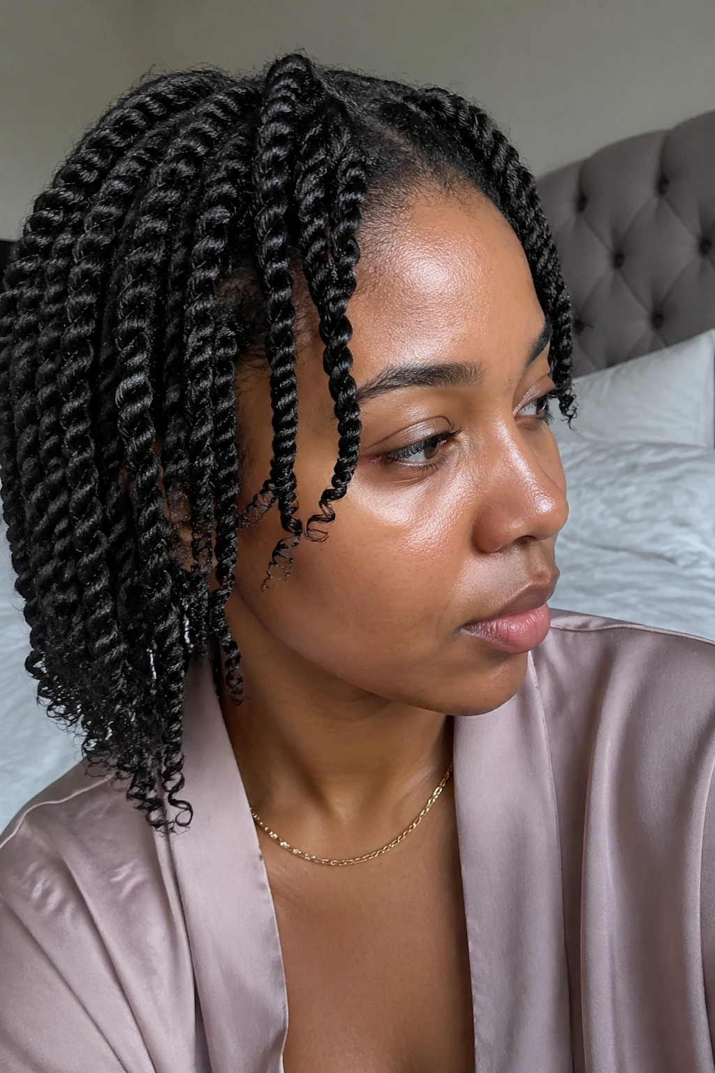 Close-up of a real woman with a two-strand twist-out hairstyle