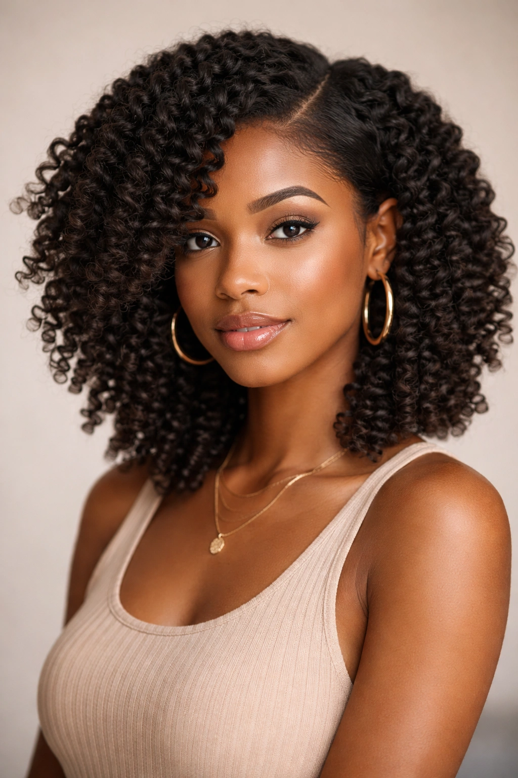 Twist-out hairstyle with a side part showing defined twists and elongation