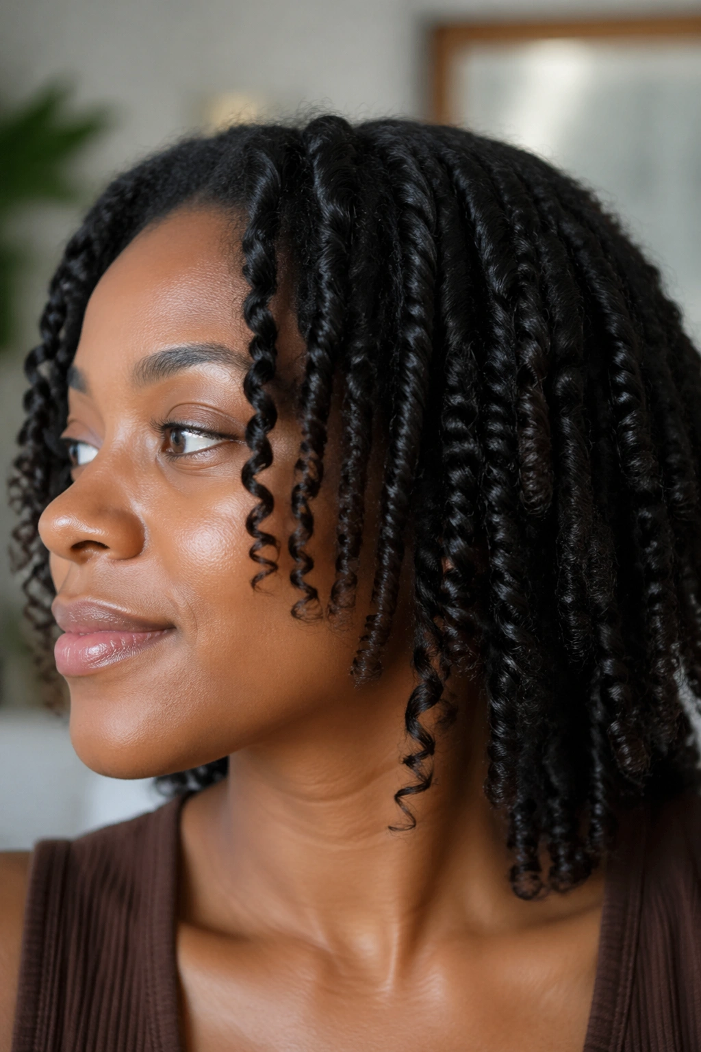 Real woman with a soft twist-out curly hairstyle.