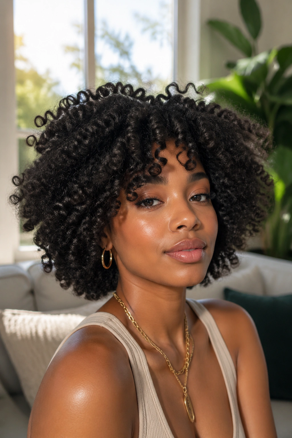 Twist-out curly afro wig showing strand separation on a real woman