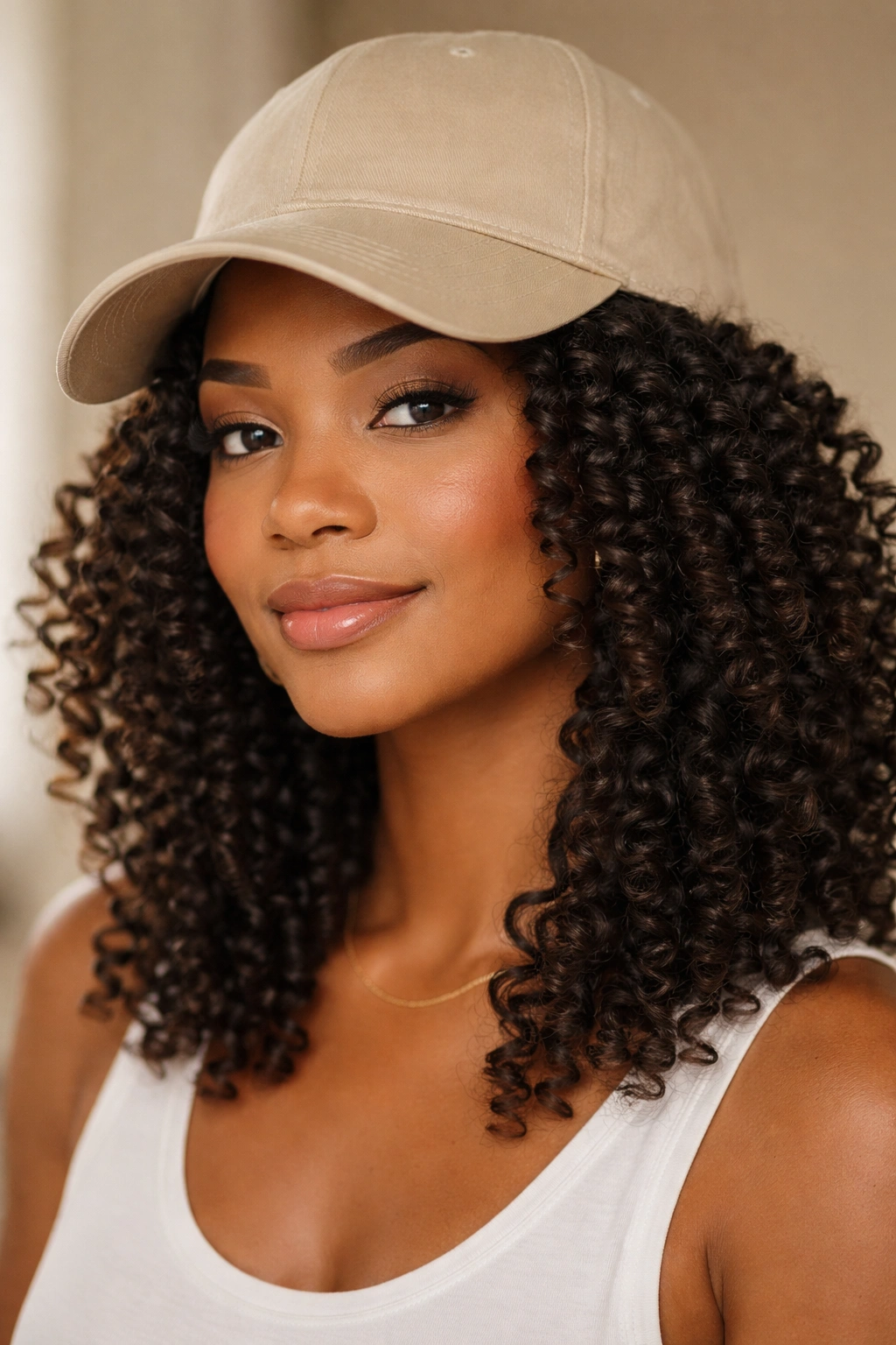 Defined twist-out curls visible under a lightly worn cap