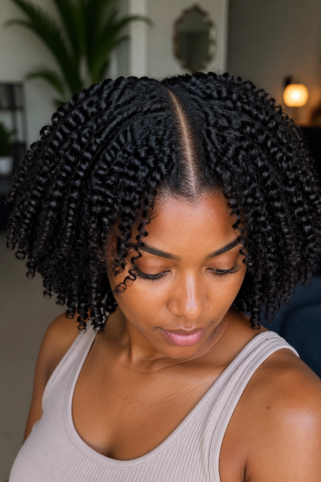 Close-up of a real person with a defined twist-out and sharp middle part