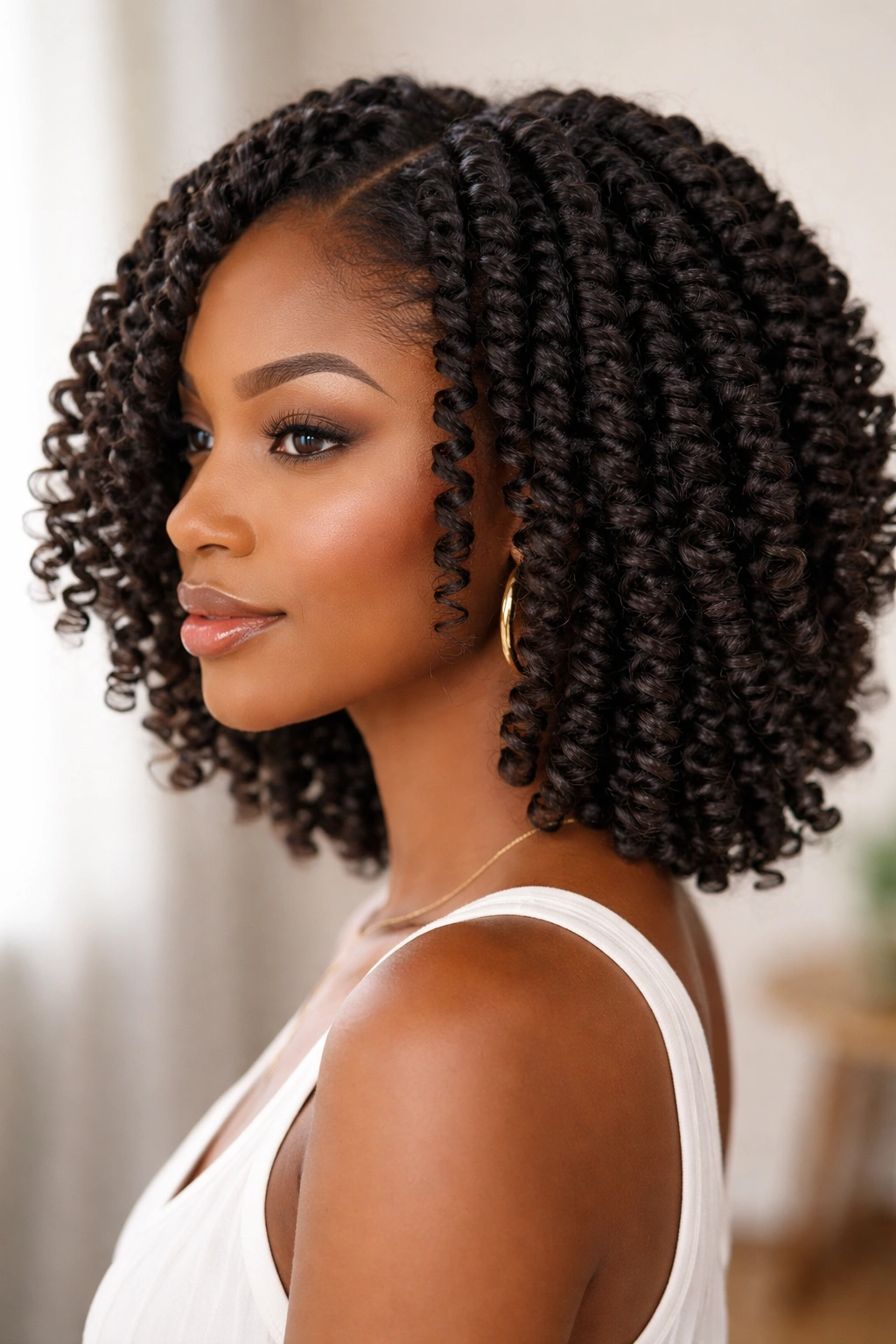 Close-up of Classic Two-Strand Twist-Out on damp detangled natural hair, showing defined pattern