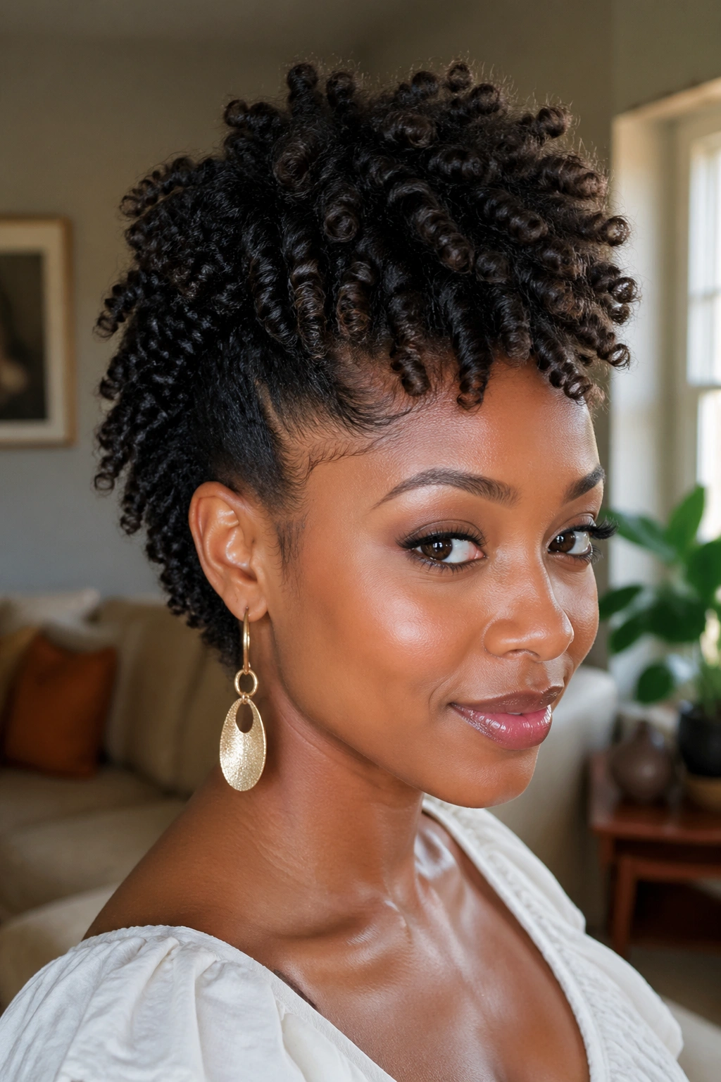 Portrait of a woman with twist-out frohawk and soft height