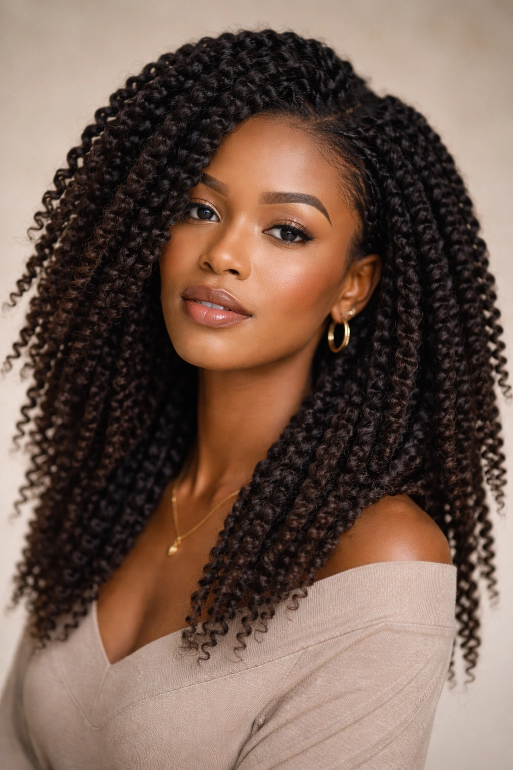 Twist-out afro with stretched length and defined twists