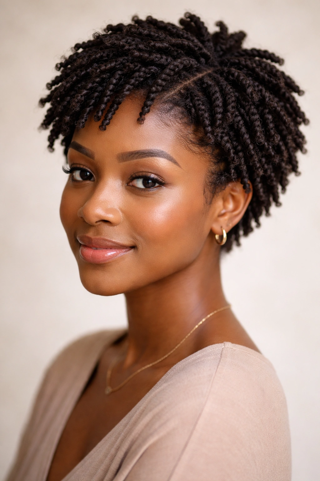 Close-up of a short afro with mini twist-outs showing soft texture and movement