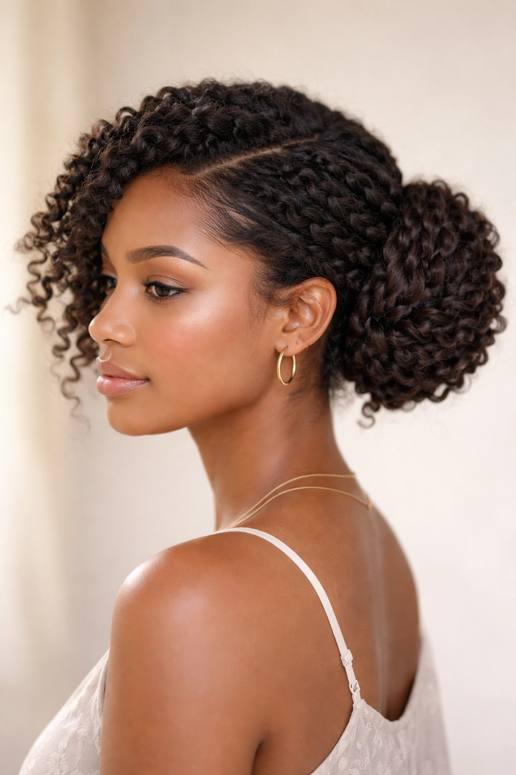 Side bun with twist-out texture on curly hair tucked behind the ear.