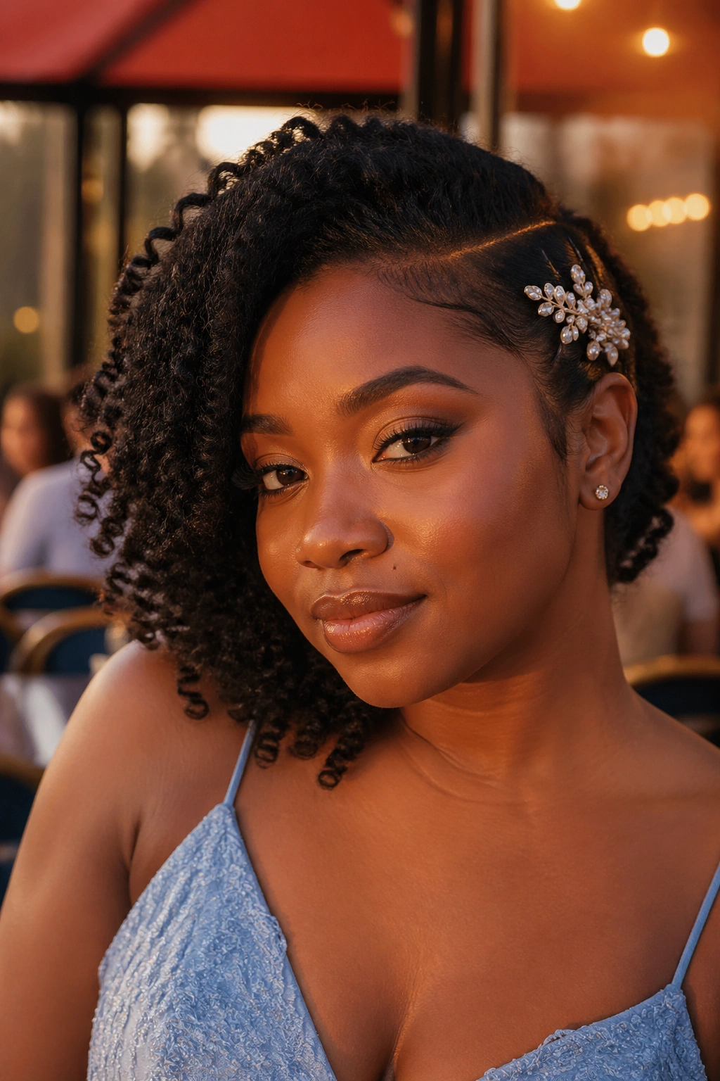 Close-up of a twist-out side sweep with a floral clip