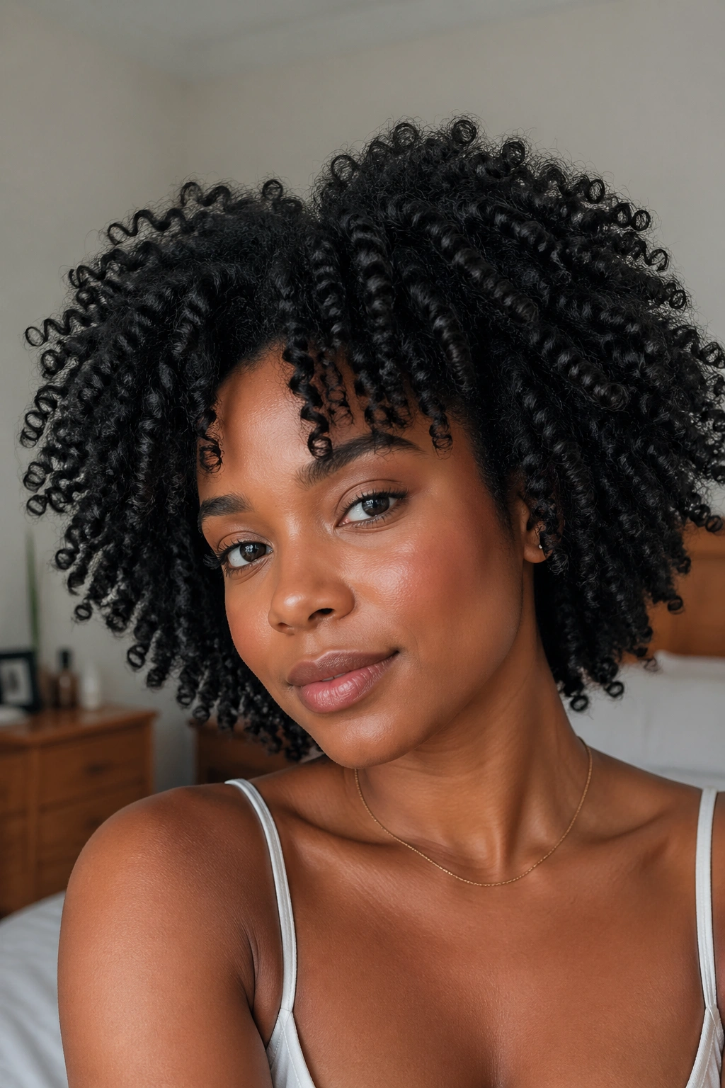 Close-up portrait of a real woman with twist-out volume.