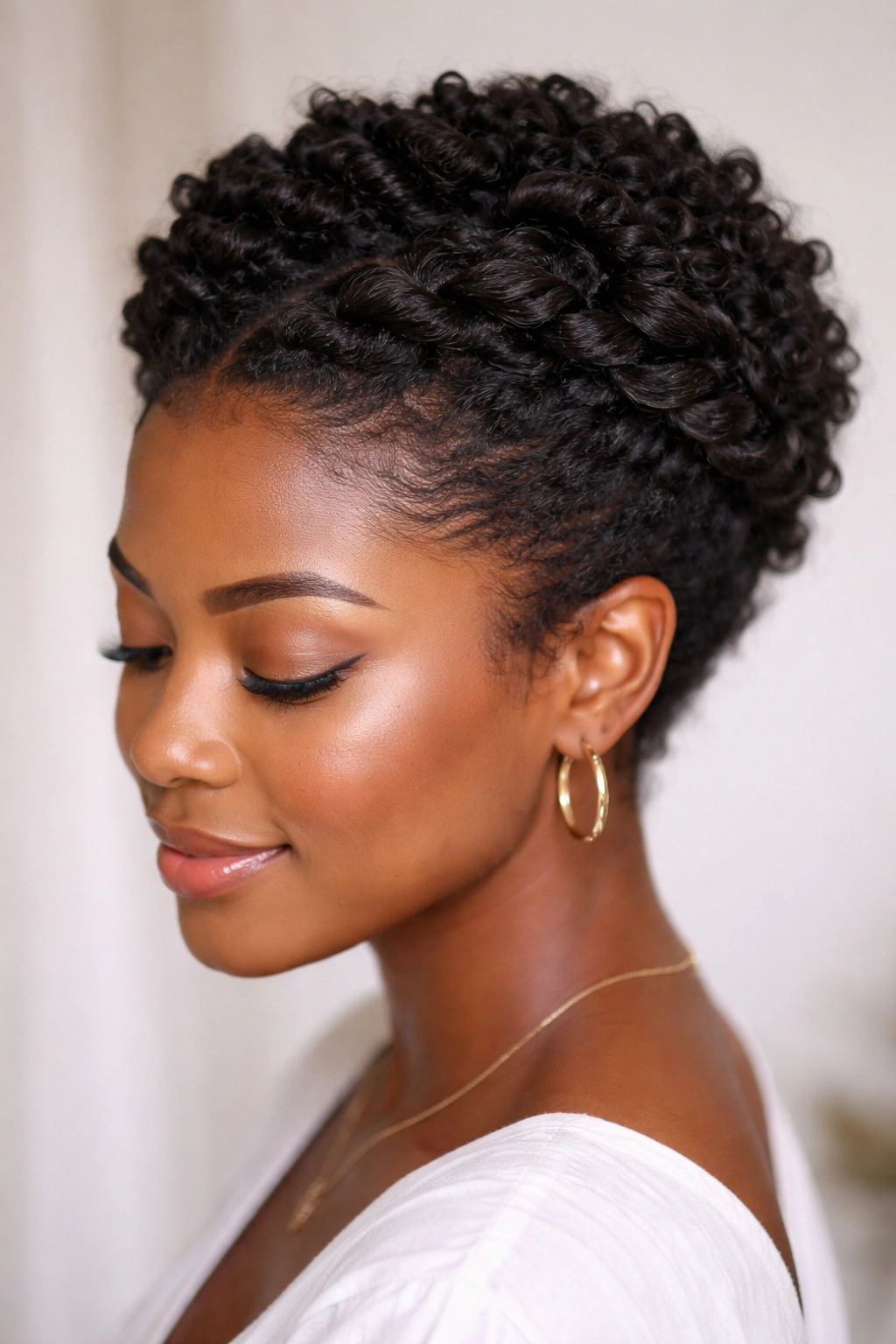 Twist-and-Pin Crown Updo with halo crown of twists on short Type 4A curls
