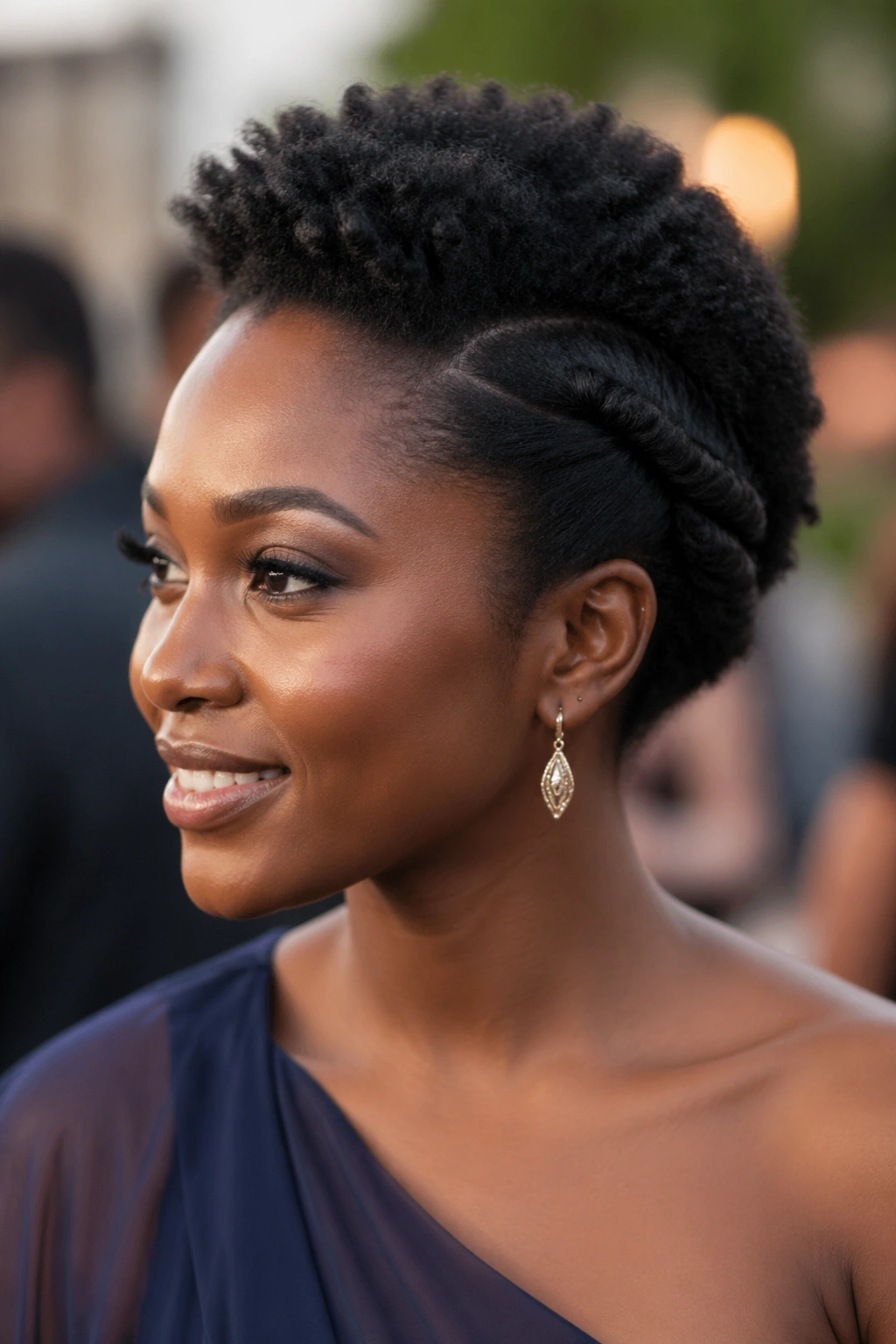Real person with twist-and-pin side sweeps on short afro hair in an event setting