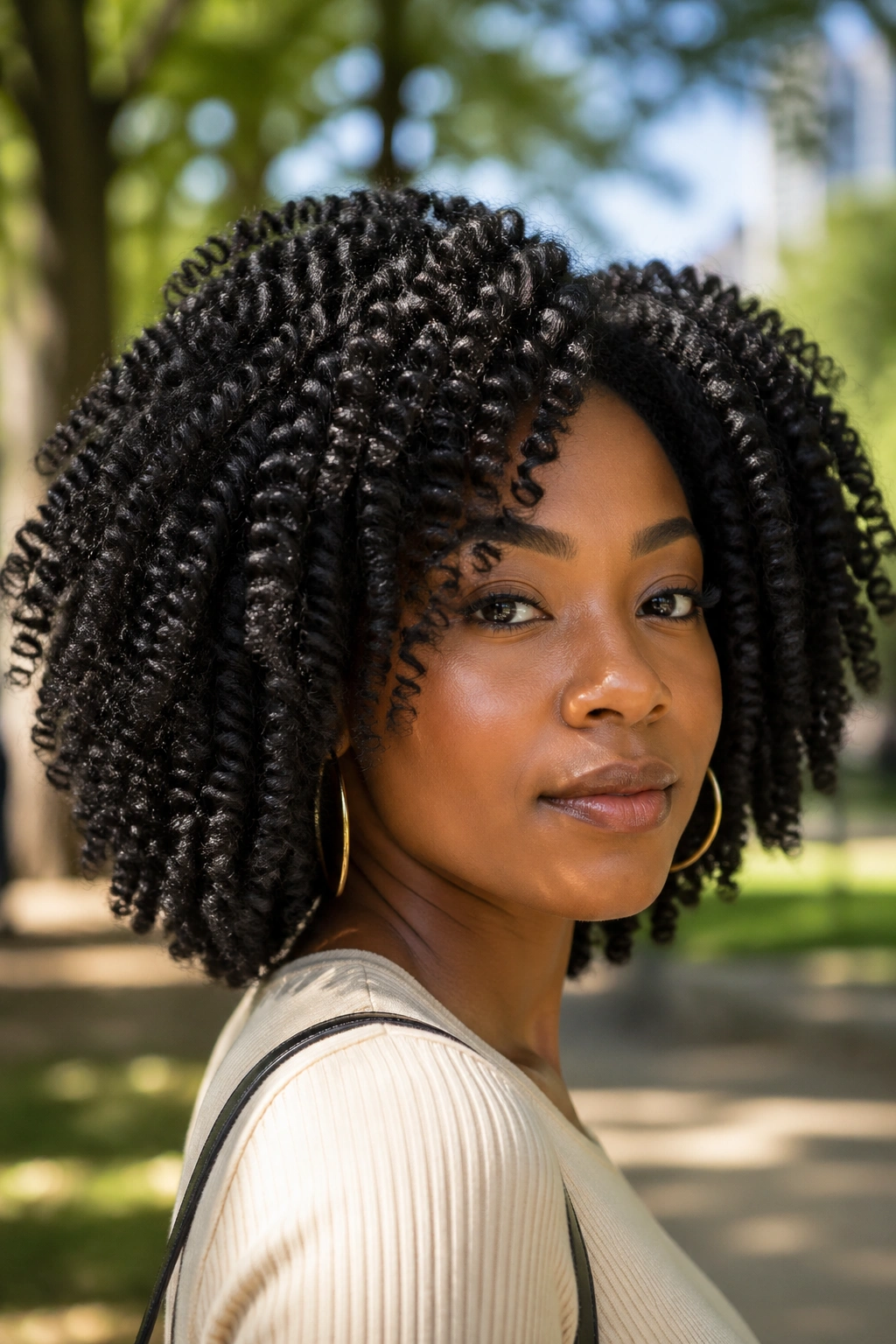 Close-up of a real woman with twist-texture crochet afro in daylight.