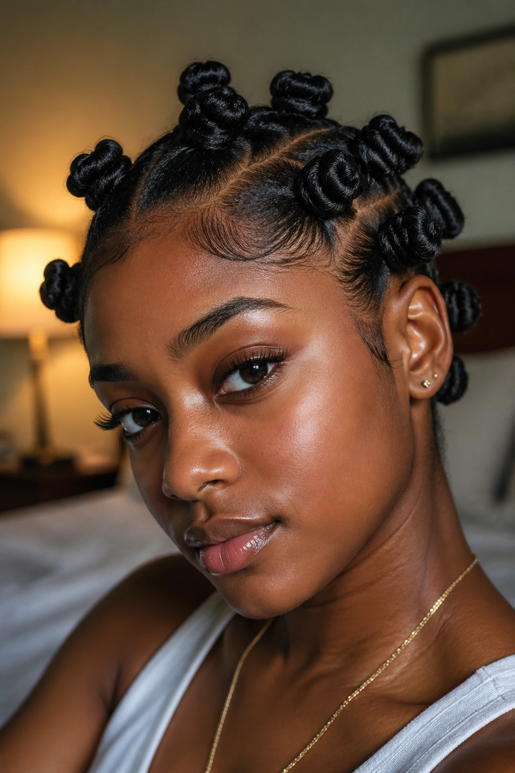 Close-up portrait of a real woman with a twisted Bantu knot set across the scalp