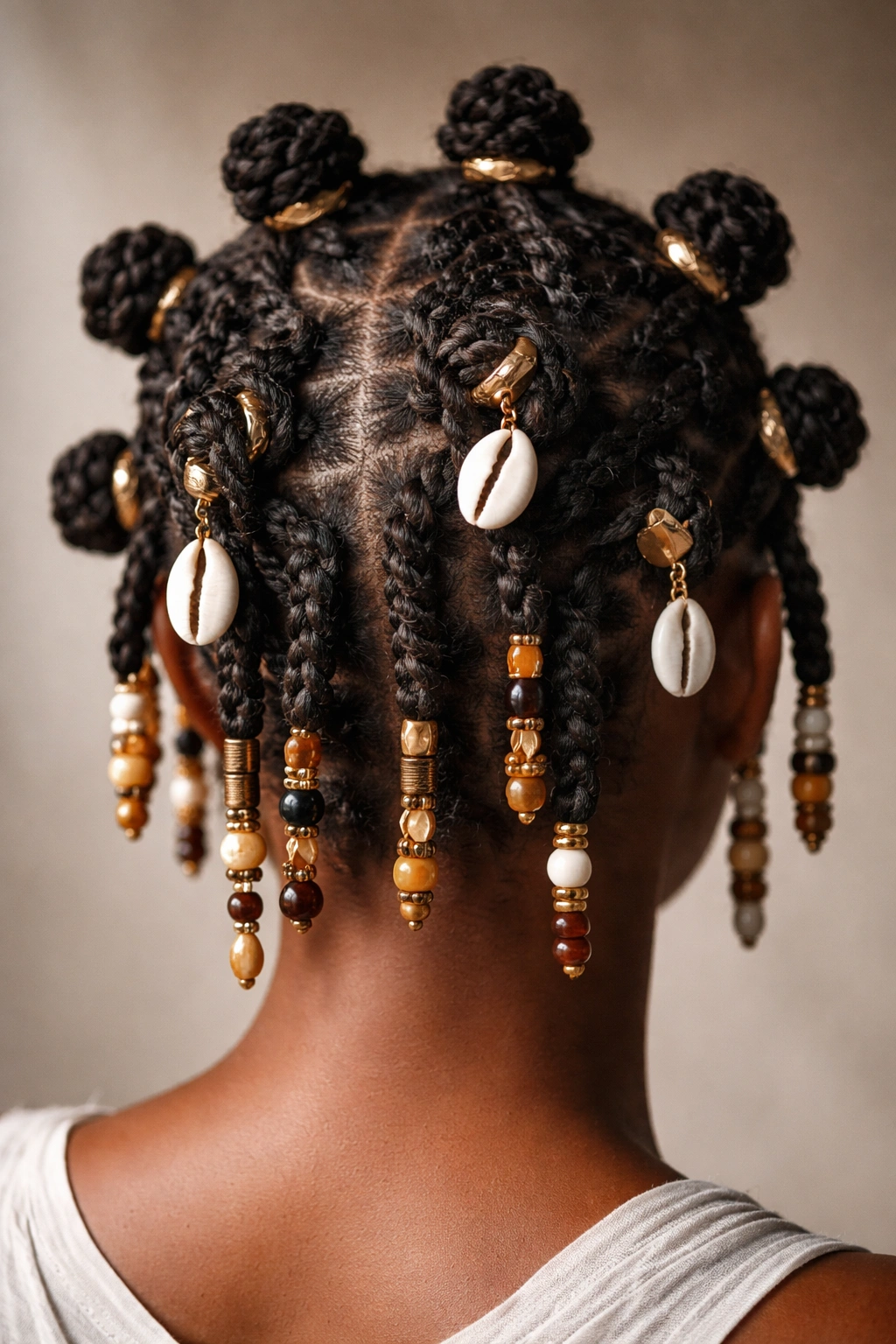 Close-up of twisted Bantu knots with cowries and beads
