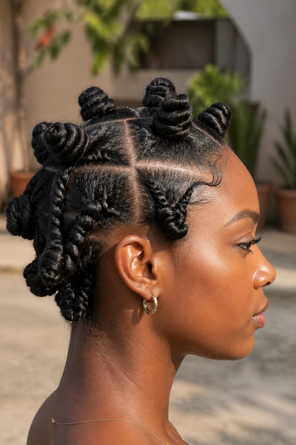 Close-up profile of a real person with twisted-base Bantu knots