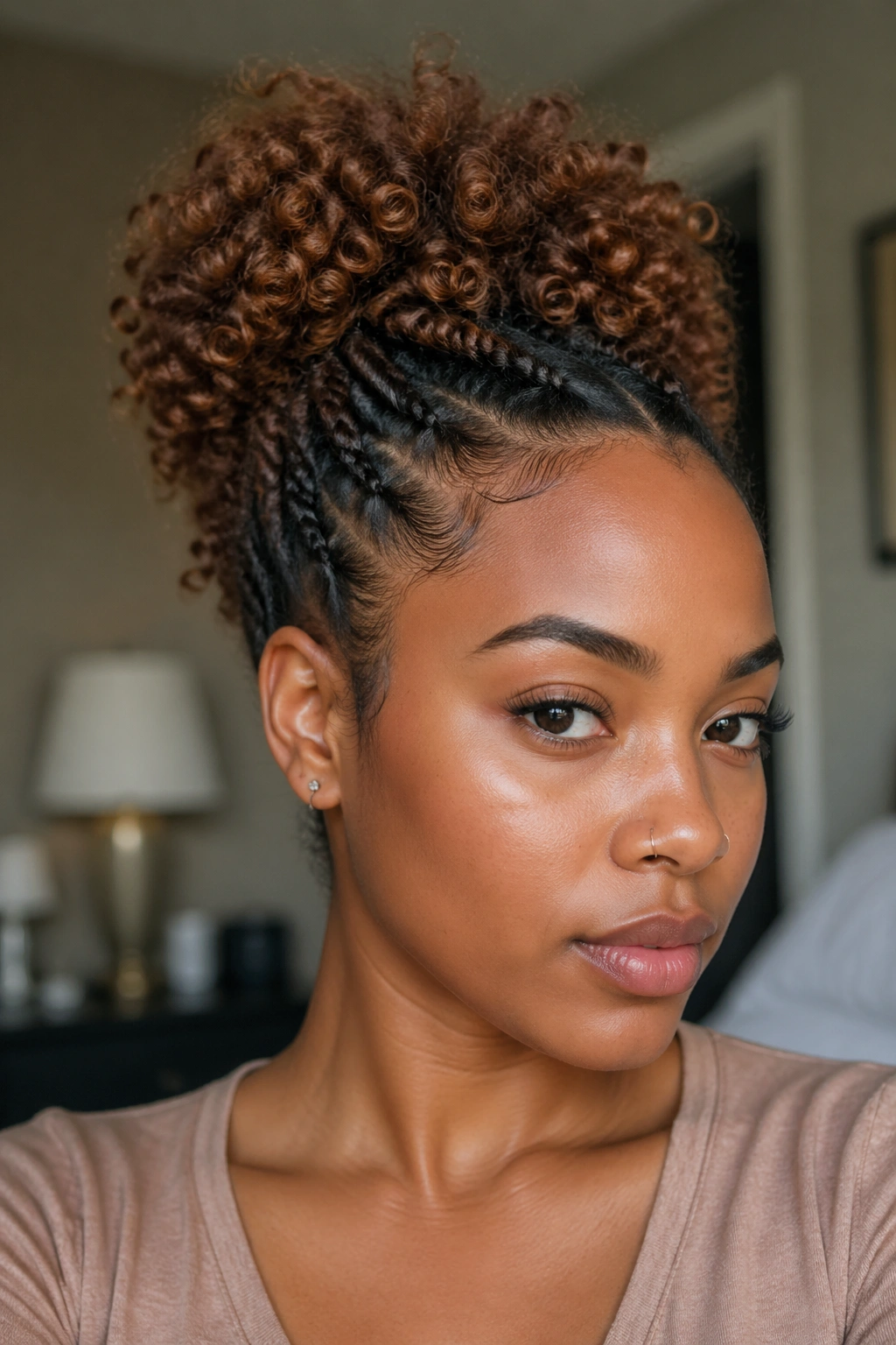 Close-up portrait of a real woman with a twisted base high ponytail on curly hair