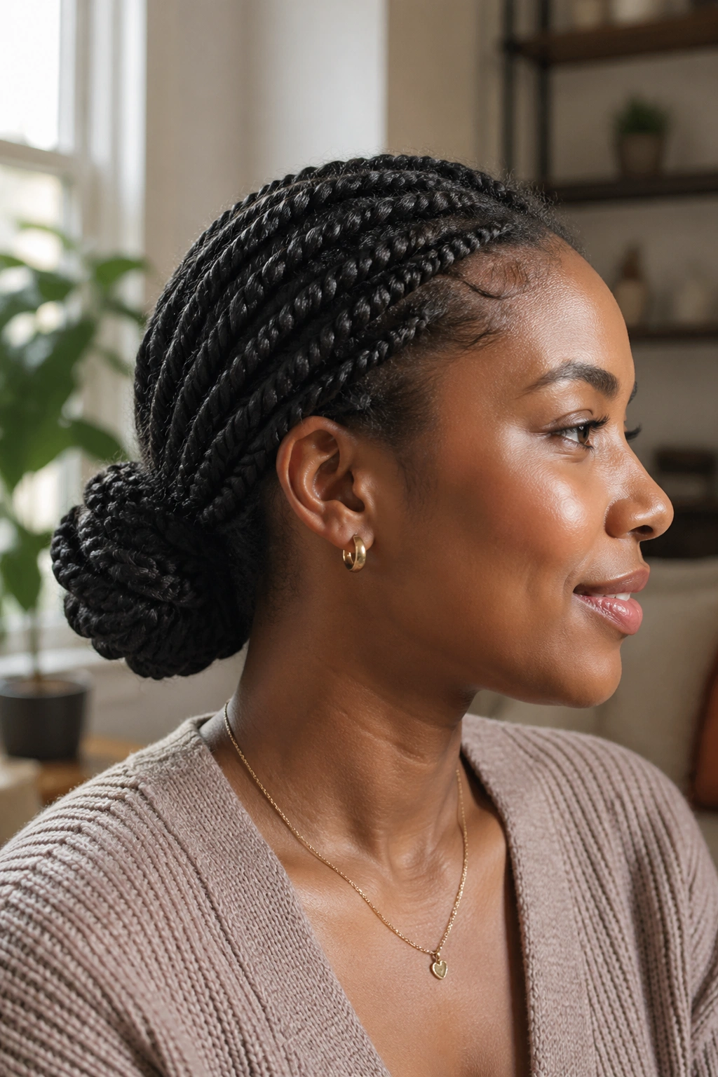 Real person with twisted bun created from two-strand twists in a cozy room