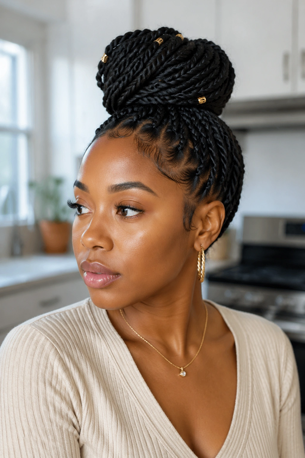 Close-up of a real woman with a high twisted bun in a bright kitchen
