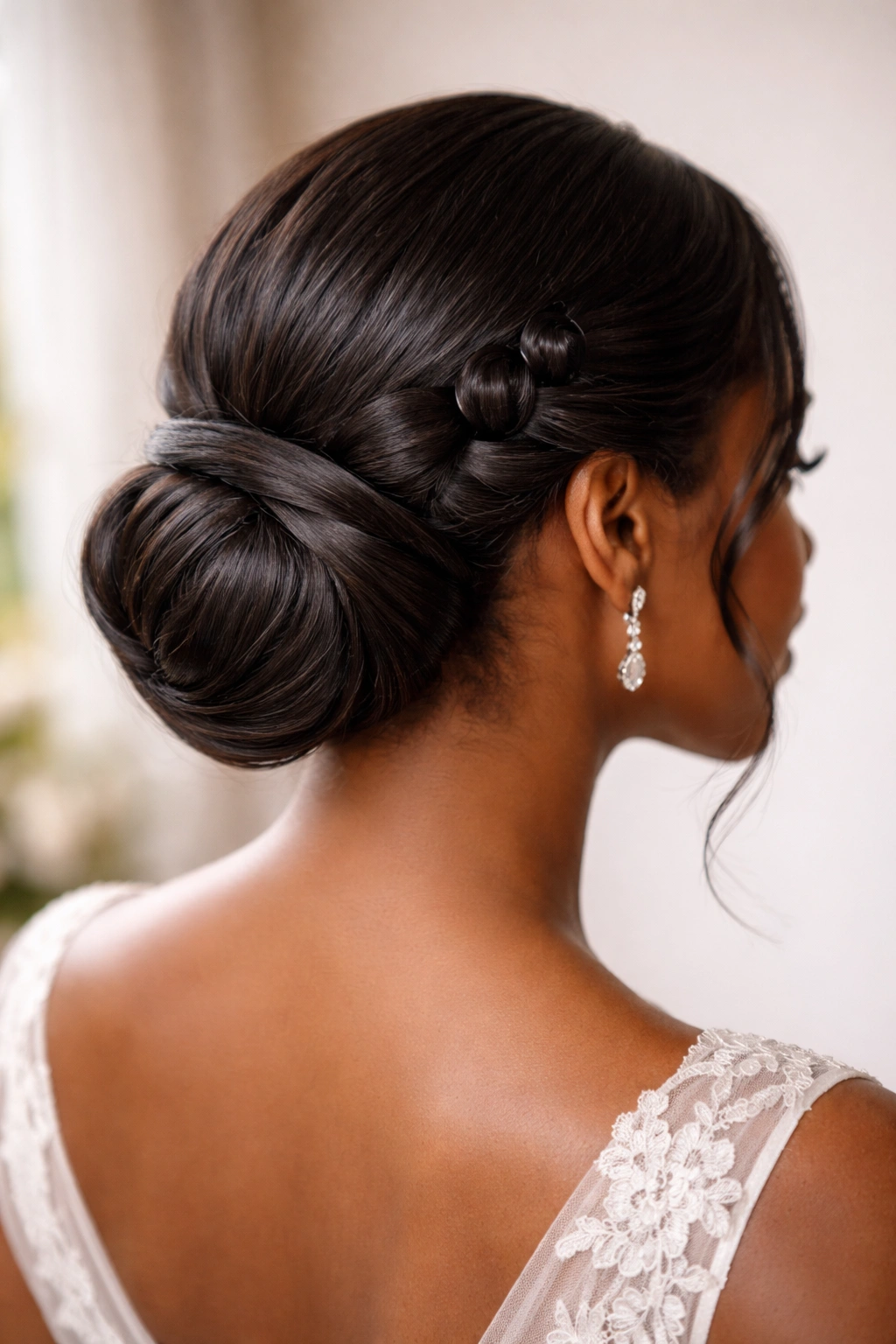 Twisted low chignon with bantu knot accents near temple and bun