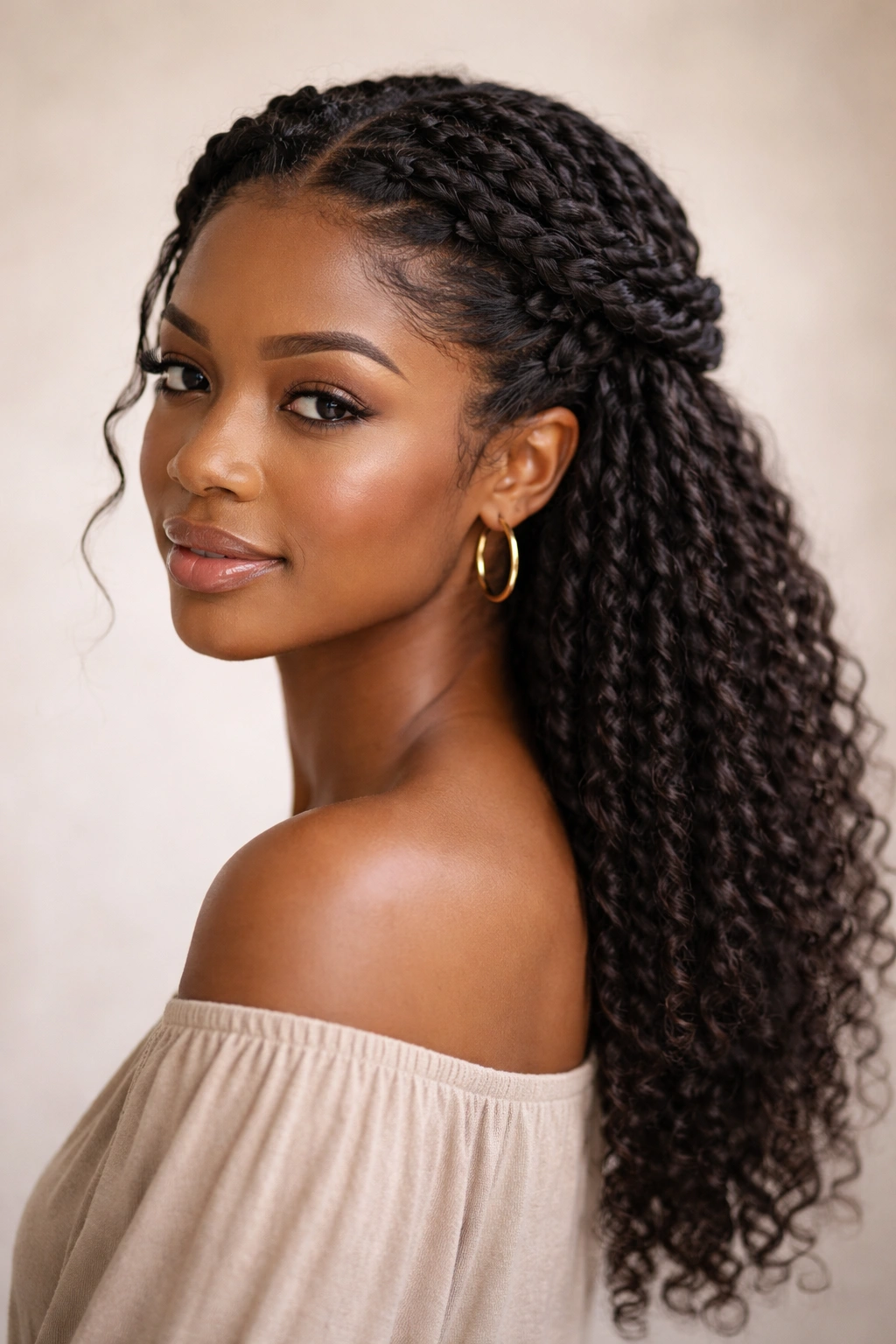 Twisted crown Afro hairstyle with halo front twists and a loose back.