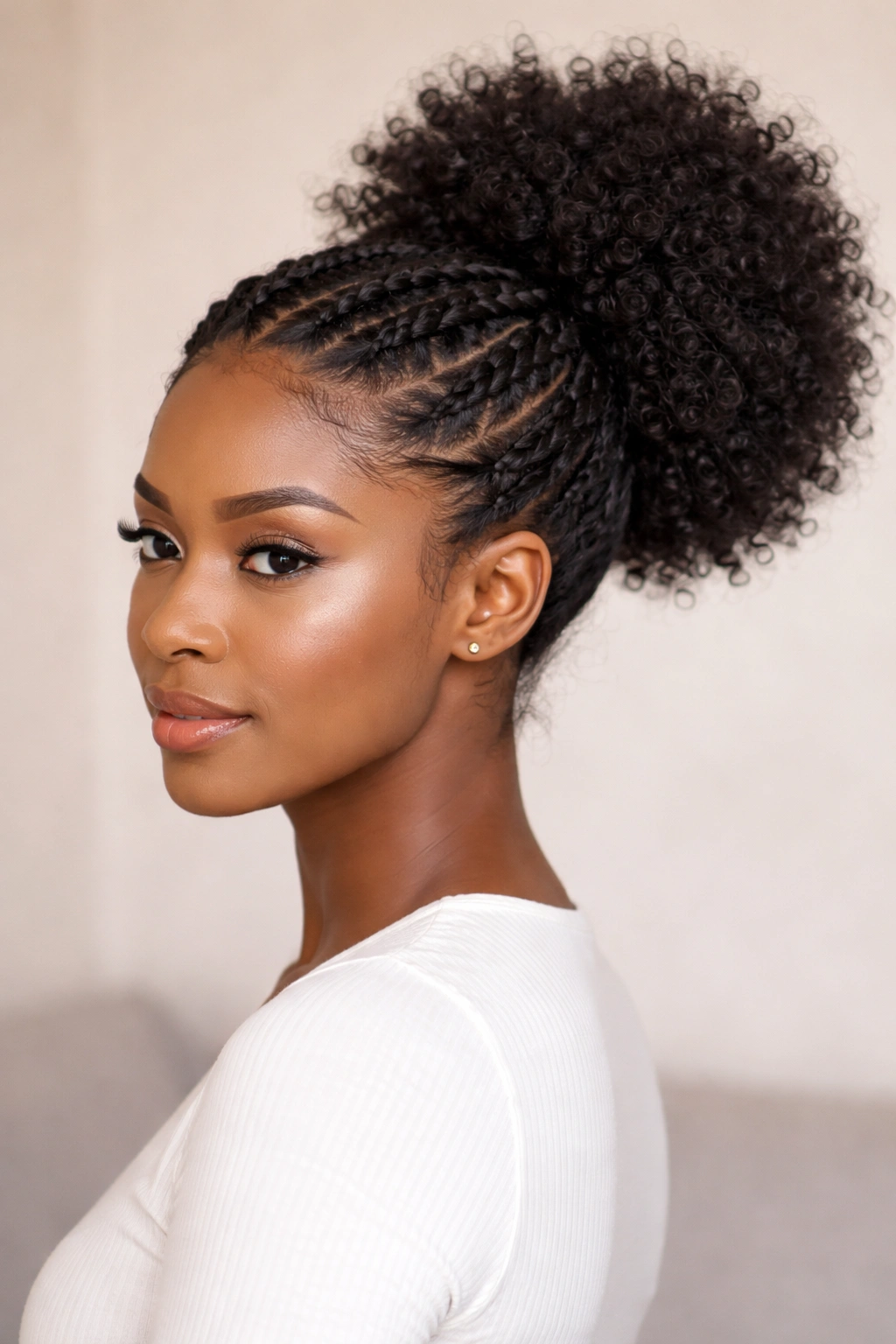 Twisted Crown Afro Puff Ponytail showing front crown twists with puff behind